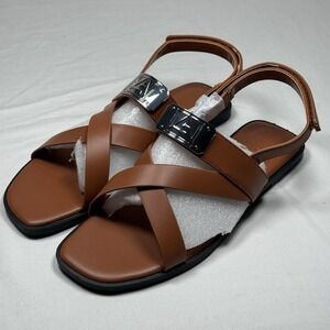 Womens Size 8 Brown Flat Sandals Strappy Open Toe Casual Slip On Comfort